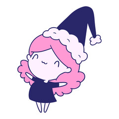 hand drawn christmas cartoon of kawaii girl in bright neon color