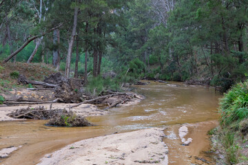 Photograph of the Capertee River at very low levels running through the Capertee Valley after major flood damage in the Wollemi National Park in NSW, Australia.