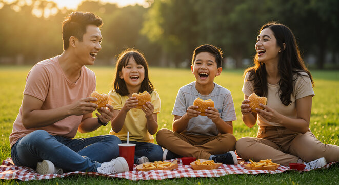 Celebrate National Eat Outside Day with a delightful family picnic enjoying delicious food and laughter in the warm sunshine creating cherished memories together outdoors - Powered by Adobe
