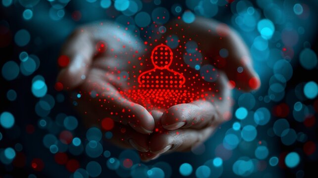 Two hands holding a glowing red avatar in the center against a blurred, bokeh-lit backdrop