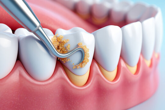 Close-up of a dental scaler removing plaque and tartar from a tooth.