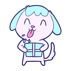 cute cartoon dog with christmas present in bright neon color