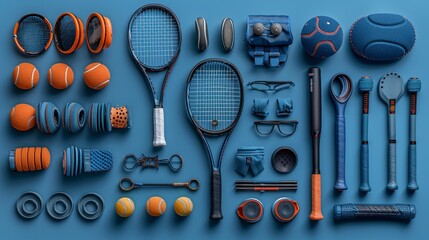 Blue themed sports gear and gadgets arranged flat lay, orange accents highlight