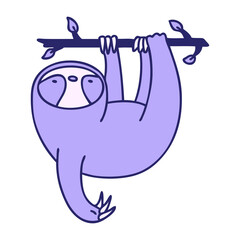 cartoon of cute sloth hanging from a branch in bright neon color