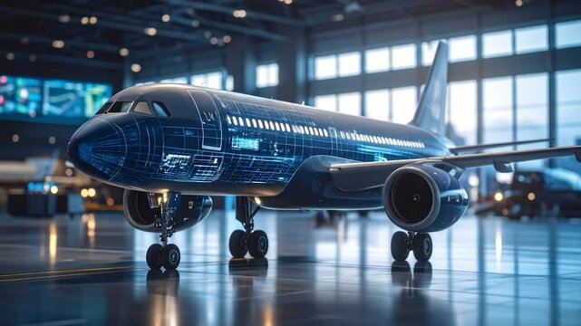 Airplane with technical illustration overlay, in hangar