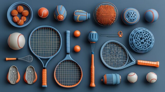 Blue-toned flat lay with orange accent tennis equipment, arranged carefully