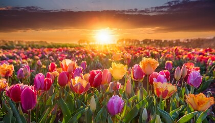 a kaleidoscope of tulips blooming under the golden sunlight a vibrant spring meadow filled with nature s masterpiece