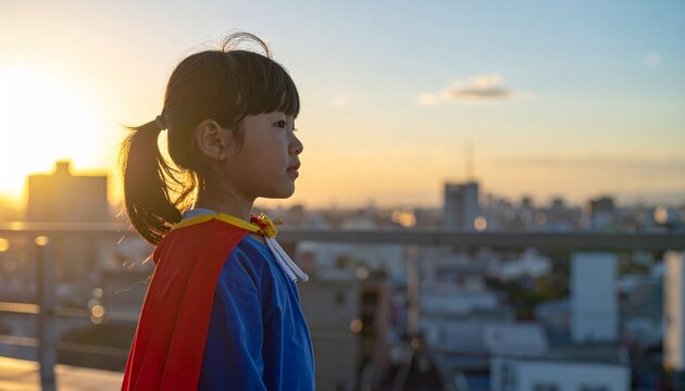 Girl dreams of heroism dressed as superhero at sunset over the city, gazing into the distance with hope and aspiration.