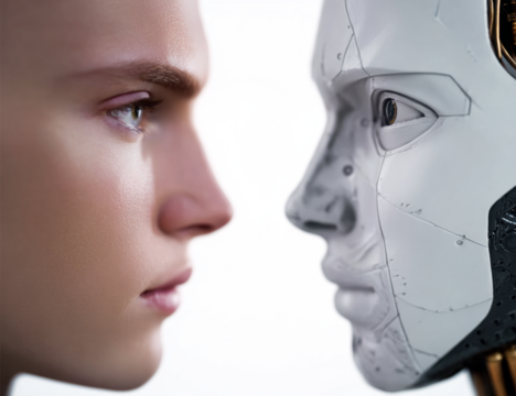 Half Human Half Robot Split Face, Futuristic AI Concept Isolated on Transparent Background - Powered by Adobe