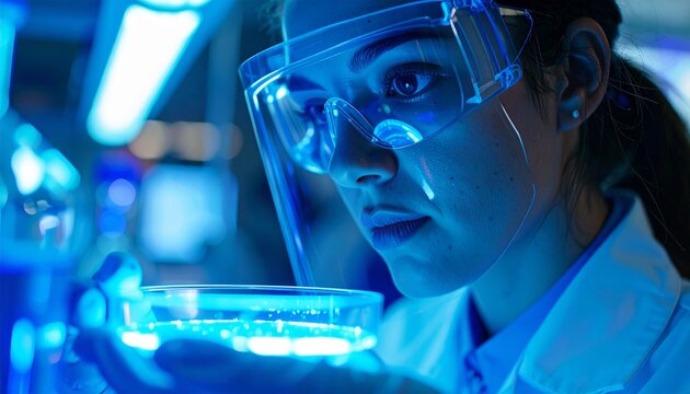 Young female scientist carefully examines a petri dish in a bright, modern laboratory setting, wearing protective eyewear for safety.