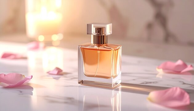 Elegant perfume bottle with rose petals graces a marble surface, exuding luxury and delicate floral fragrance in soft light.
