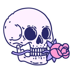 iconic tattoo style image of a skull and rose in bright neon color