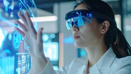 Innovative scientist interacts with augmented reality interface in a modern laboratory with advanced technology.