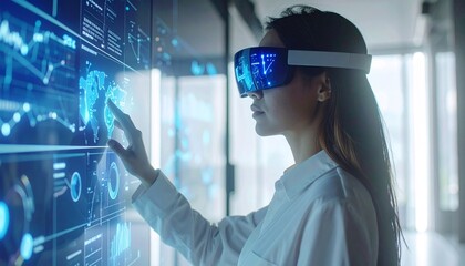 Immersive technology reveals insights as woman uses VR goggles to interact with a data visualization wall for analysis.