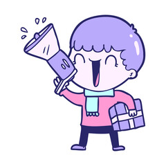 megaphone cartoon man with present in bright neon color
