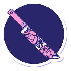 floral knife trad tattoo style design in bright neon color