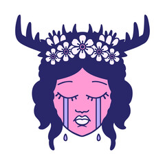 Retro Tattoo Style crying human druid in bright neon color