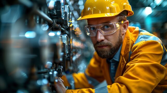 Man in hardhat and safety glasses working on machinery with pipes