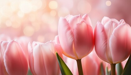 close up of delicate pink tulips with soft petals glowing under gentle light against a blurred pastel background evoking a serene and tender mood