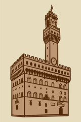 Obraz premium Line art drawing of Palazzo Vecchio in Florence, Italy, architecture tourism landmark, travel destination illustration