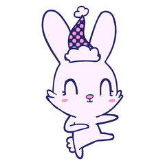 cute hand drawn comic book style illustration of a rabbit dancing wearing santa hat in bright neon color
