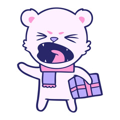 angry cartoon polar bear with christmas present in bright neon color