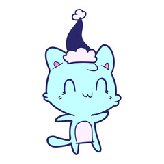 hand drawn line drawing of a happy cat wearing santa hat in bright neon color