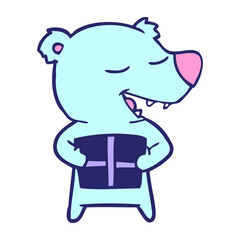bear cartoon chraracter with present in bright neon color