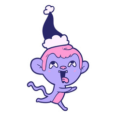 crazy hand drawn line drawing of a monkey running wearing santa hat in bright neon color