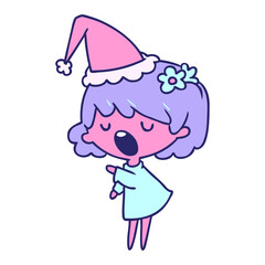 hand drawn christmas cartoon of kawaii girl in bright neon color