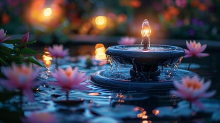 Water fountain amidst lily pads reflecting soft bokeh lights in the evening