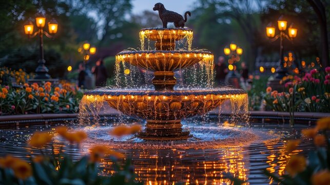 Lit fountain in park with dog statue at top. People blur in background, flowers in foreground - Powered by Adobe