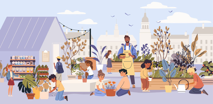 School garden outdoor education children planting flowers urban greenery teacher students teamwork greenhouse city background colorful plants