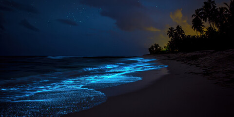 Night beach with bioluminescent glowing waves. The shore is lit by natural blue light of plankton under a starry sky with silhouettes of palm trees.