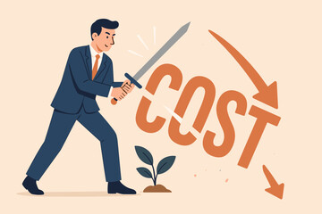 Cost reduction business concept. Businessman with sword cutting expenses to save money. Financial optimization for profit growth. Metaphor for decreasing spending and saving.