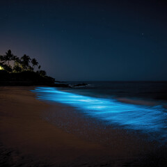 Night beach with bioluminescent glowing waves. The shore is lit by natural blue light of plankton under a starry sky with silhouettes of palm trees.