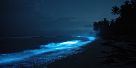 Night beach with bioluminescent glowing waves. The shore is lit by natural blue light of plankton under a starry sky with silhouettes of palm trees.