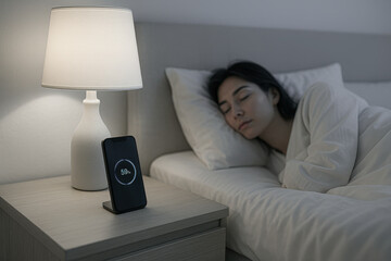 Woman sleeping in bed at night, smartphone charging wirelessly on bedside table. Warm light of nightstand lamp creates cozy bedroom atmosphere, concept of relaxation and technology.