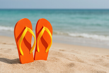 Colored beach flip-flops stand in the sand against the backdrop of the turquoise sea and blue sky. Summer atmosphere, relaxation, and vacation.