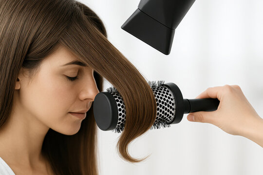 The process of styling hair using a round brush and a hair dryer. A woman with her eyes closed, professional hair care, styling at a salon or at home.
