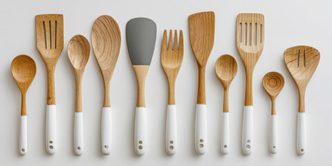 A set of wooden kitchen utensils with white handles on a light background. A modern minimalist style for cooking.