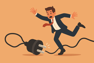 Clumsy businessman tripping over electric power cable, accident mistake concept, workplace hazard, business failure, risk, danger, falling, stress, problem, office safety