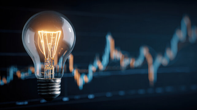 Light bulb with rising electricity price chart in background. Concept of energy cost, efficiency, crisis, and technological solutions.