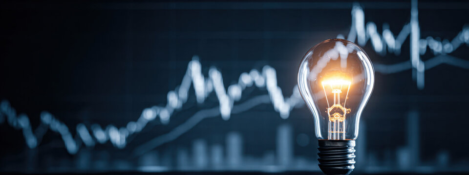 Light bulb with rising electricity price chart in background. Concept of energy cost, efficiency, crisis, and technological solutions.