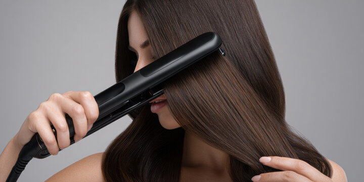Woman with sleek long hair straightening a strand using a black flat iron. Close-up on dark background. Concept of hair care and styling.