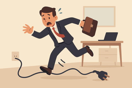 Clumsy businessman tripping over power cable in office, workplace accident, business mistake, safety hazard, falling with briefcase, electric plug, risk management concept
