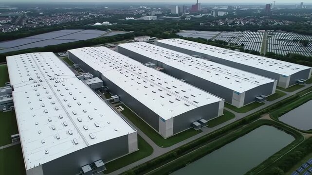 Frankfurt Hyperscale Data Center: Mid-Height Aerial Tour - Concrete Server Halls, Steep Zinc Roofs & Eco-Tech Ponds