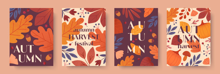 Autumn harvest festival posters with pumpkins,leaves,mushrooms,berries,plants,foliage.Vector harvest fest illustrations.Trendy seasonal fall templates for prints,ad,smm,banners,invitations,covers