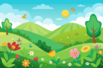 Fototapeta premium Vibrant Spring Meadow Landscape Rolling Hills, Blooming Flowers, and Butterflies