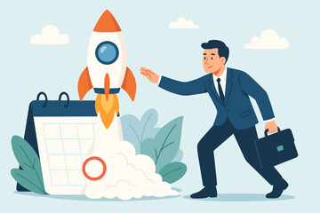 Entrepreneur Launching Startup Business, New Company or Product, Innovative Project Kickoff, Businessman with Briefcase, Rocket Takeoff, Calendar Deadline, Success Concept